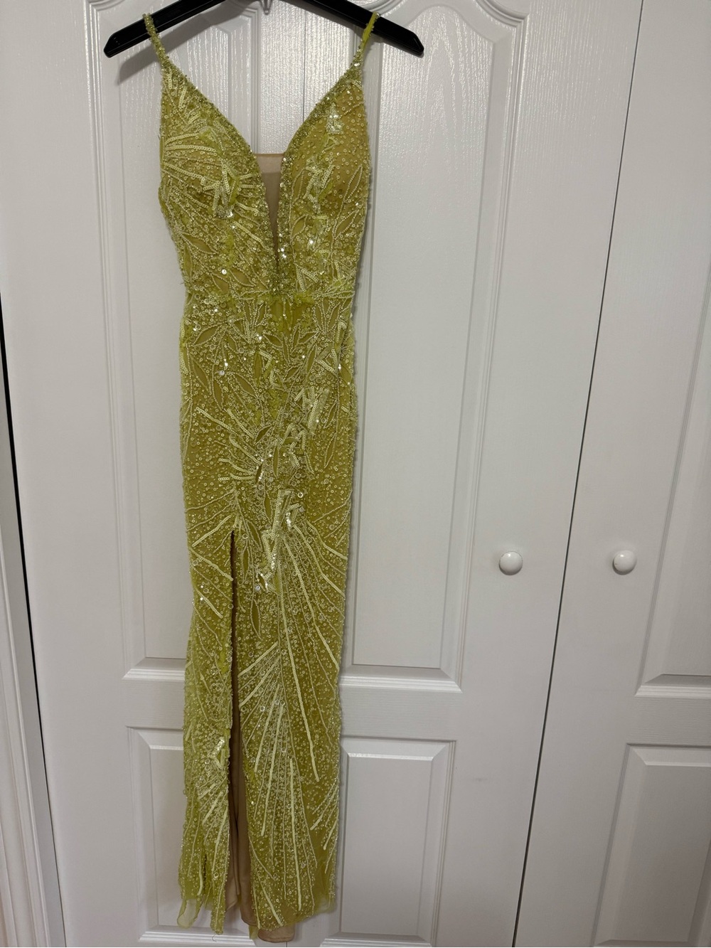 Lime Beaded V-Neck Prom Gown with Front Slit